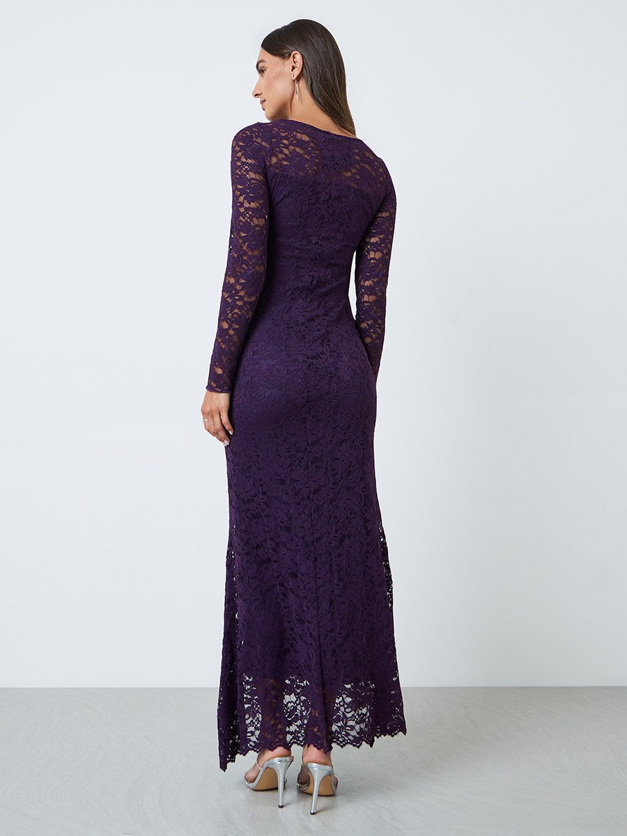 Purple Lace Mermaid Hem Maxi Dress with Embellishment