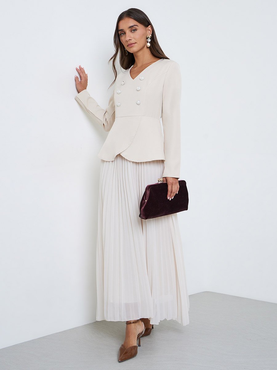 Cream Long Sleeve Pleated Blazer Maxi Dress