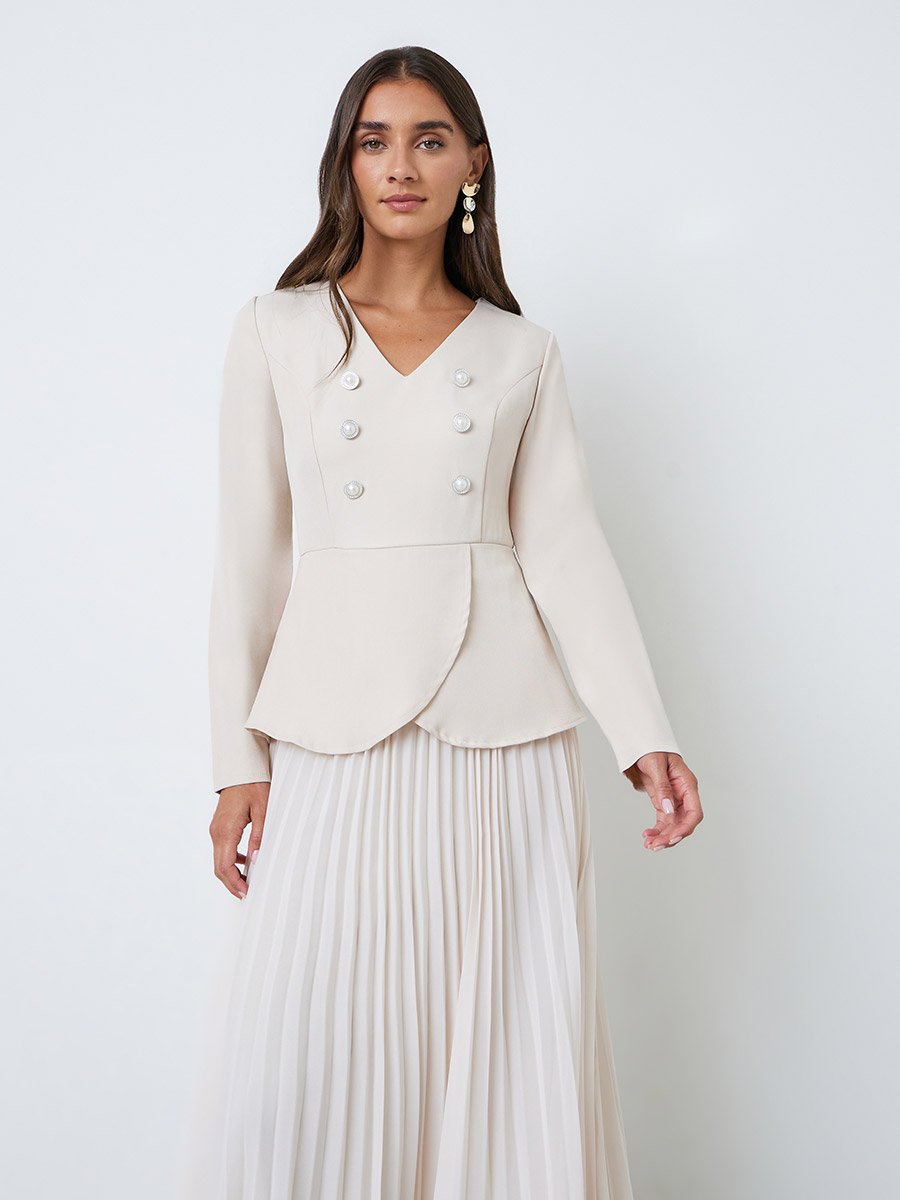 Cream Long Sleeve Pleated Blazer Maxi Dress