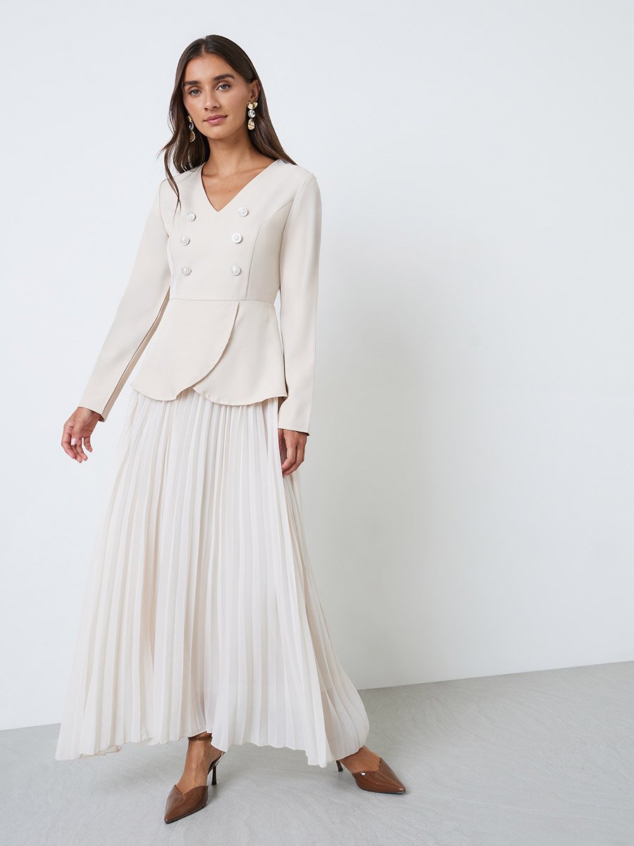 Cream Long Sleeve Pleated Blazer Maxi Dress