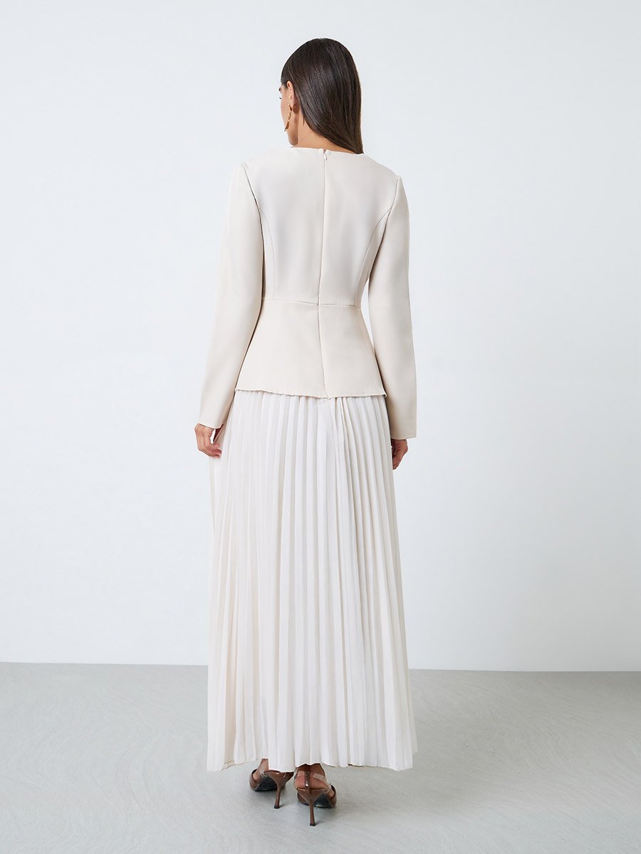 Cream Long Sleeve Pleated Blazer Maxi Dress