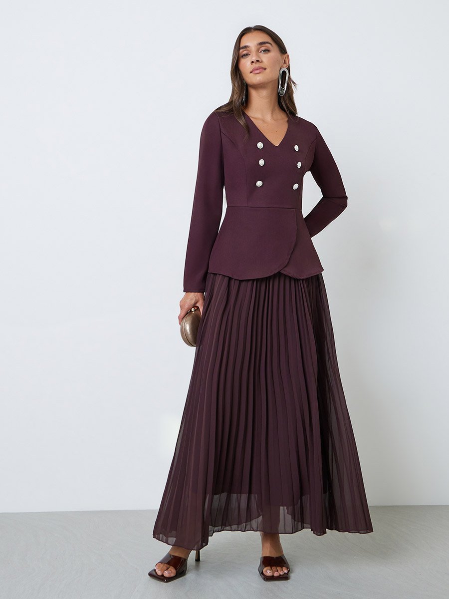 Burgundy Long Sleeve Pleated Blazer Maxi Dress