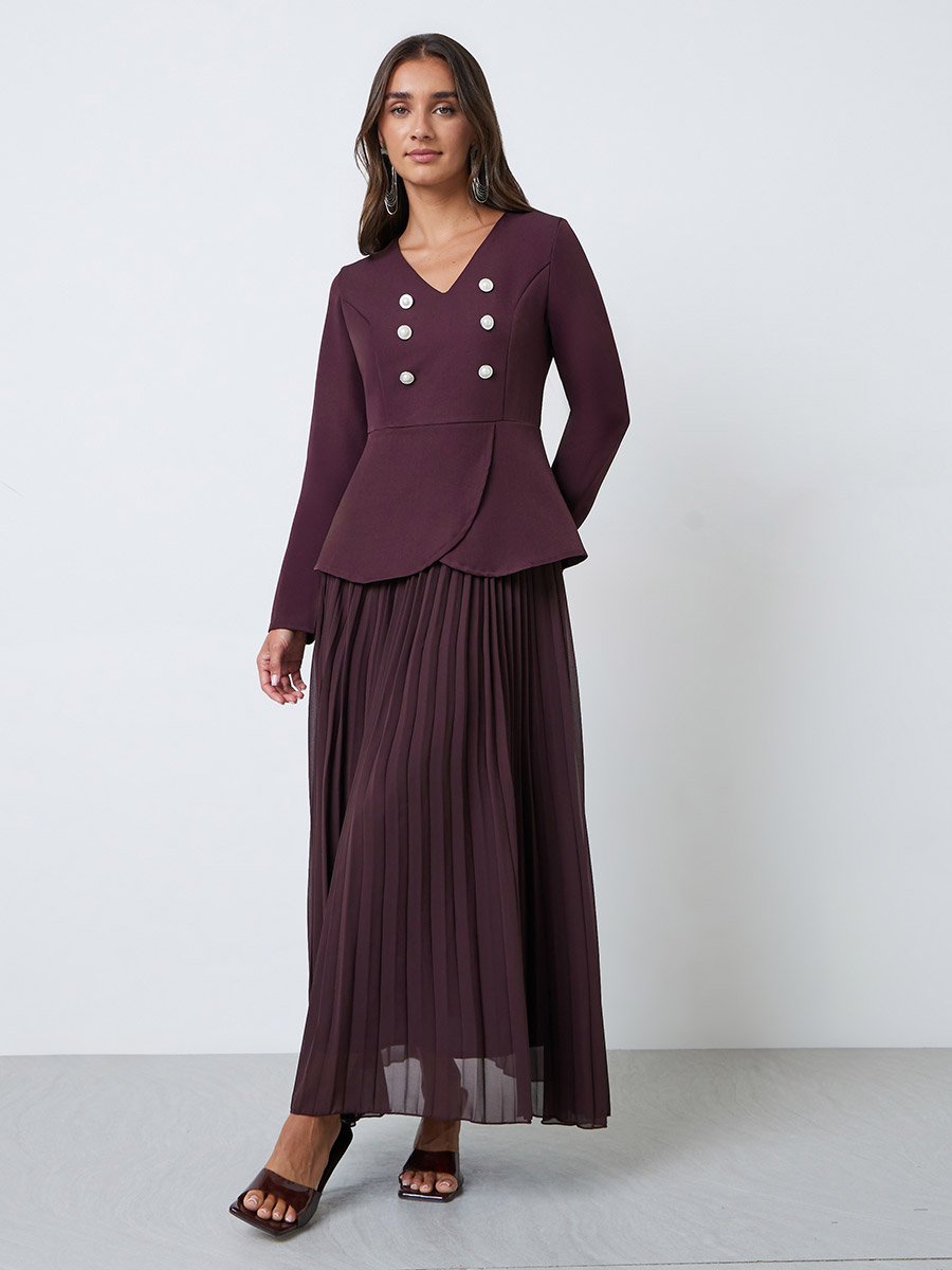 Burgundy Long Sleeve Pleated Blazer Maxi Dress