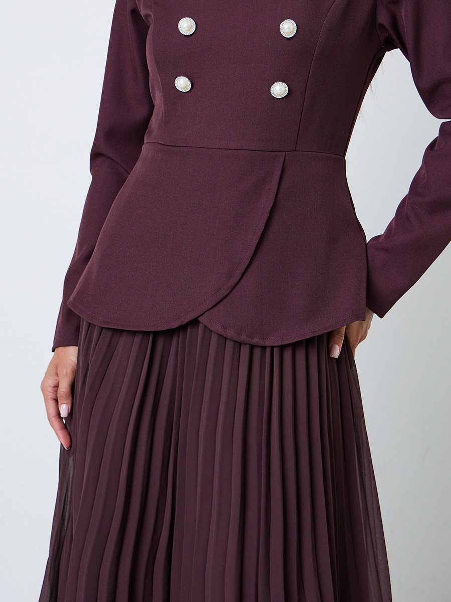 Burgundy Long Sleeve Pleated Blazer Maxi Dress