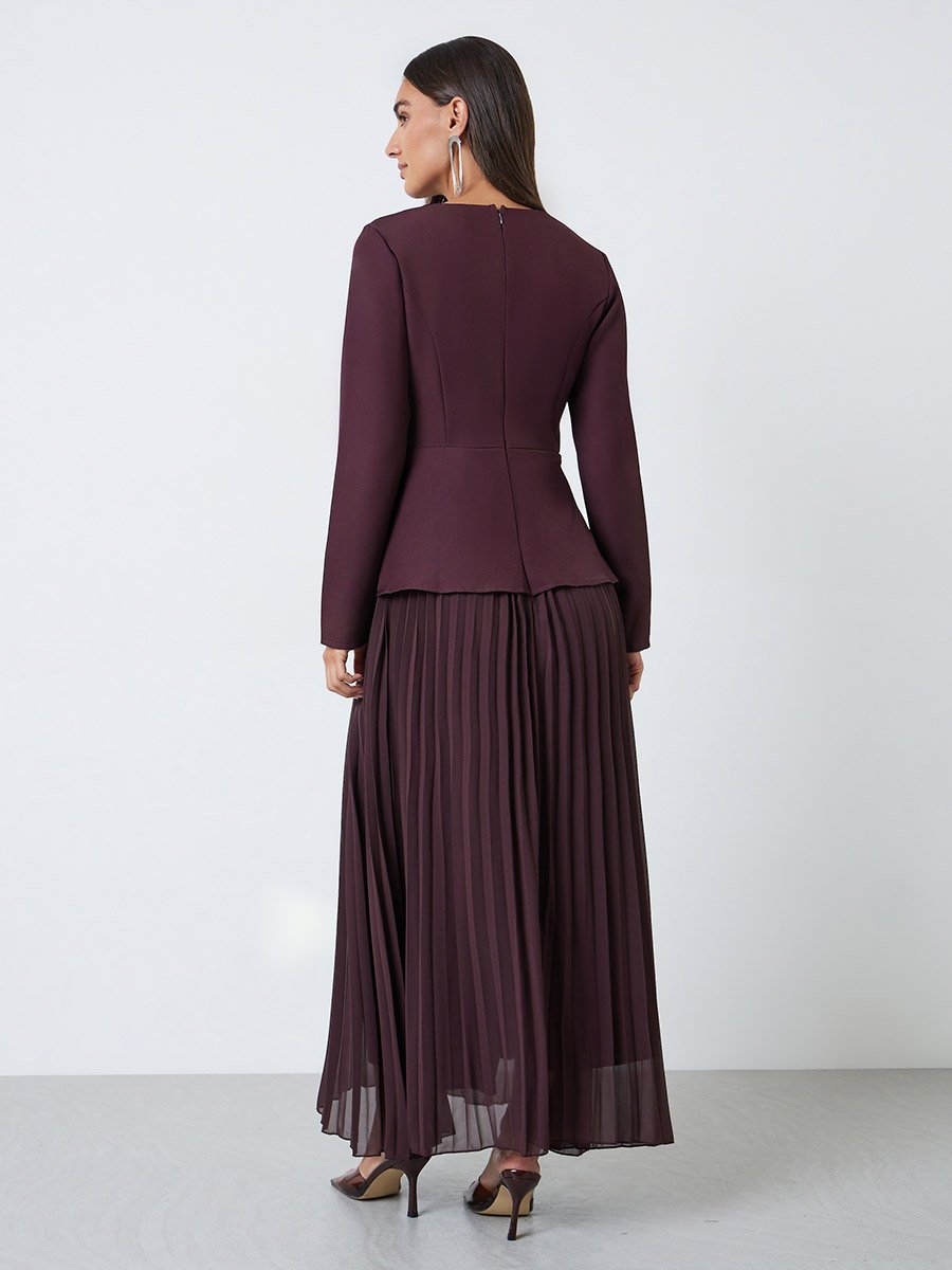Burgundy Long Sleeve Pleated Blazer Maxi Dress