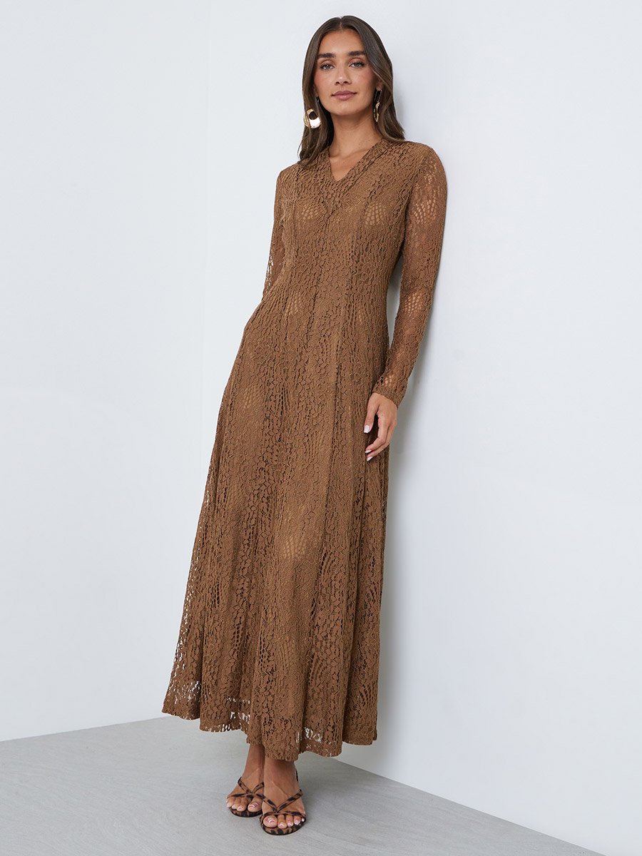 Brown Lace Long Sleeves A-Line Maxi Dress