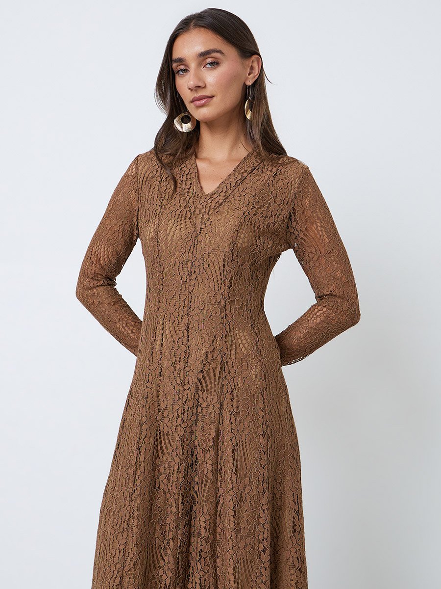 Brown Lace Long Sleeves A-Line Maxi Dress