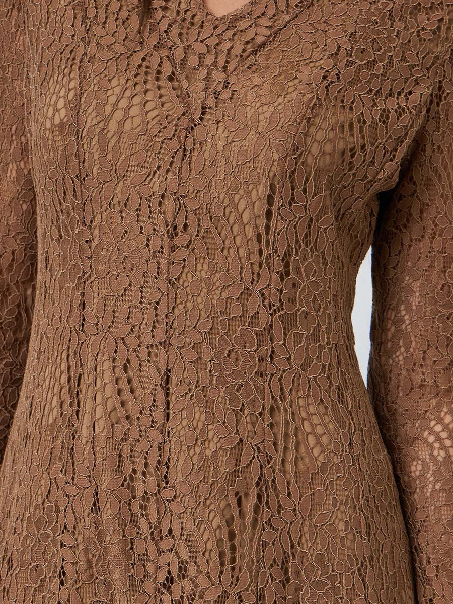Brown Lace Long Sleeves A-Line Maxi Dress