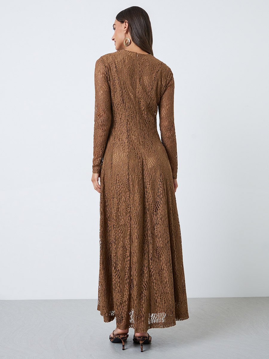 Brown Lace Long Sleeves A-Line Maxi Dress