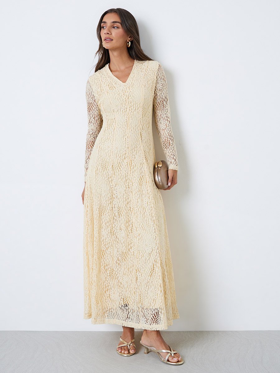 Cream Lace Long Sleeves A-Line Maxi Dress