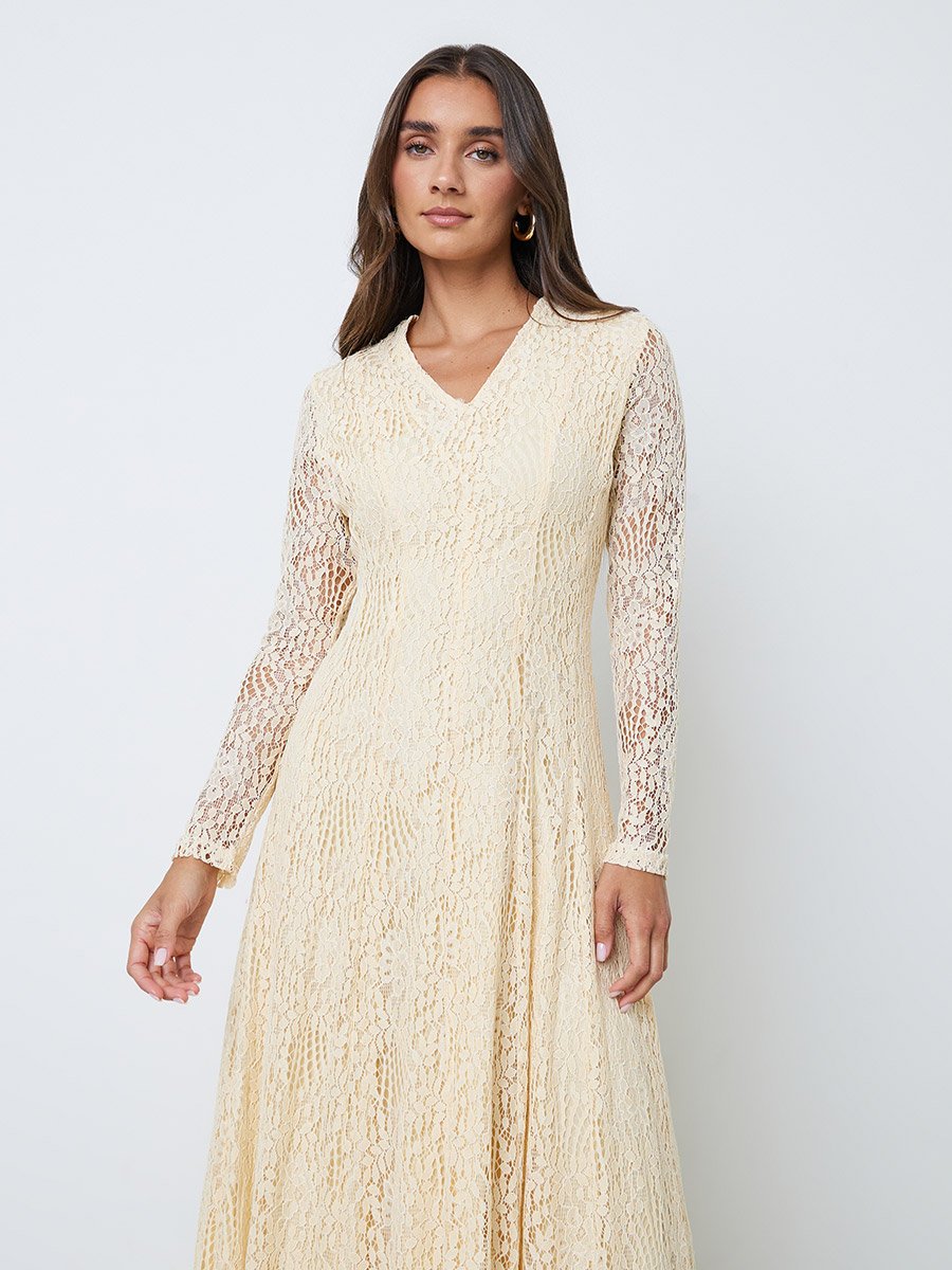 Cream Lace Long Sleeves A-Line Maxi Dress