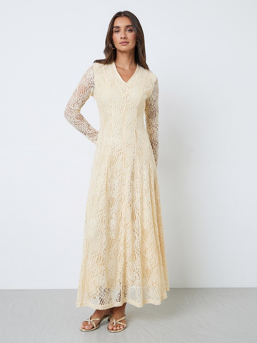 Cream Lace Long Sleeves A-Line Maxi Dress