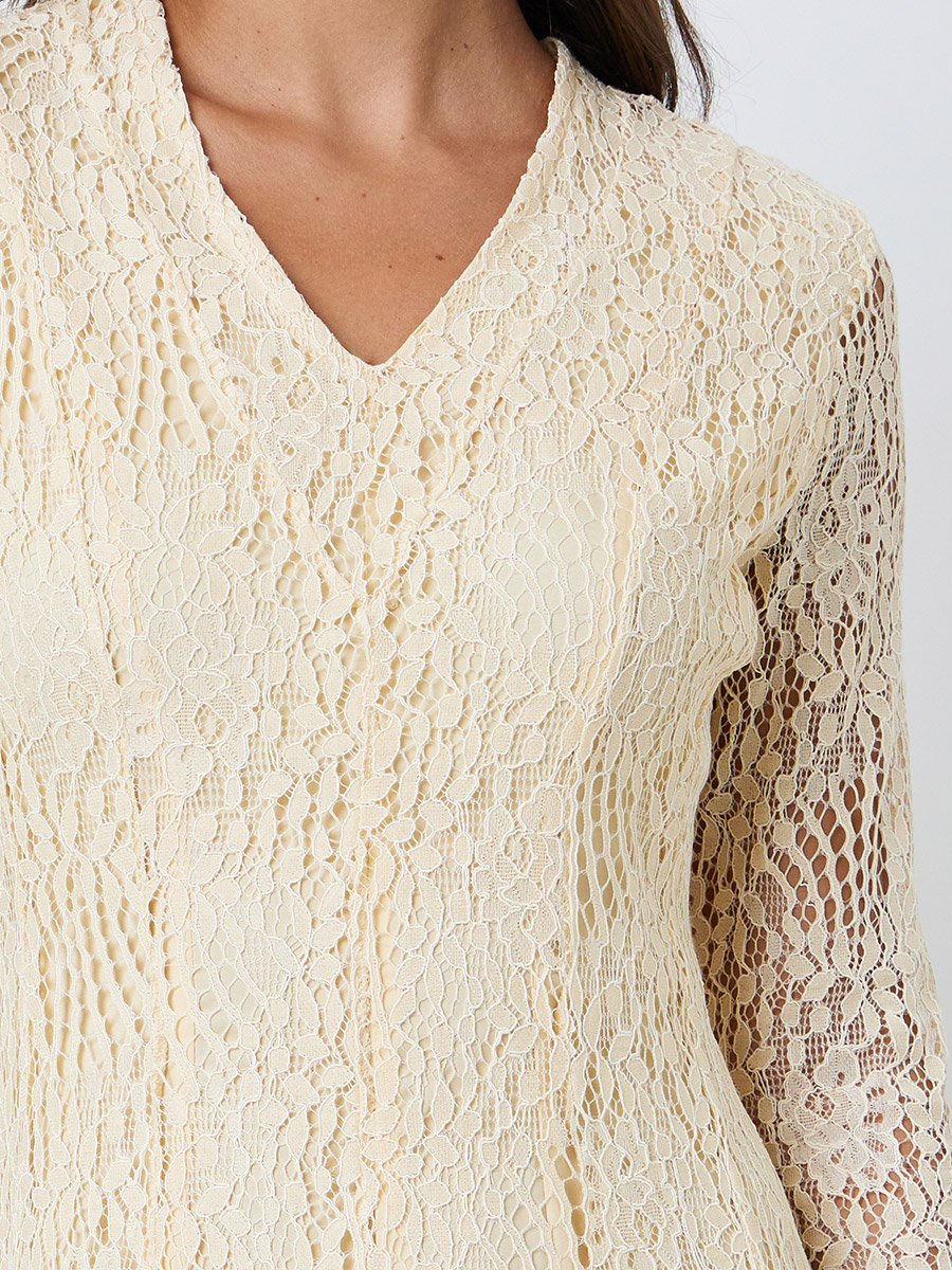 Cream Lace Long Sleeves A-Line Maxi Dress