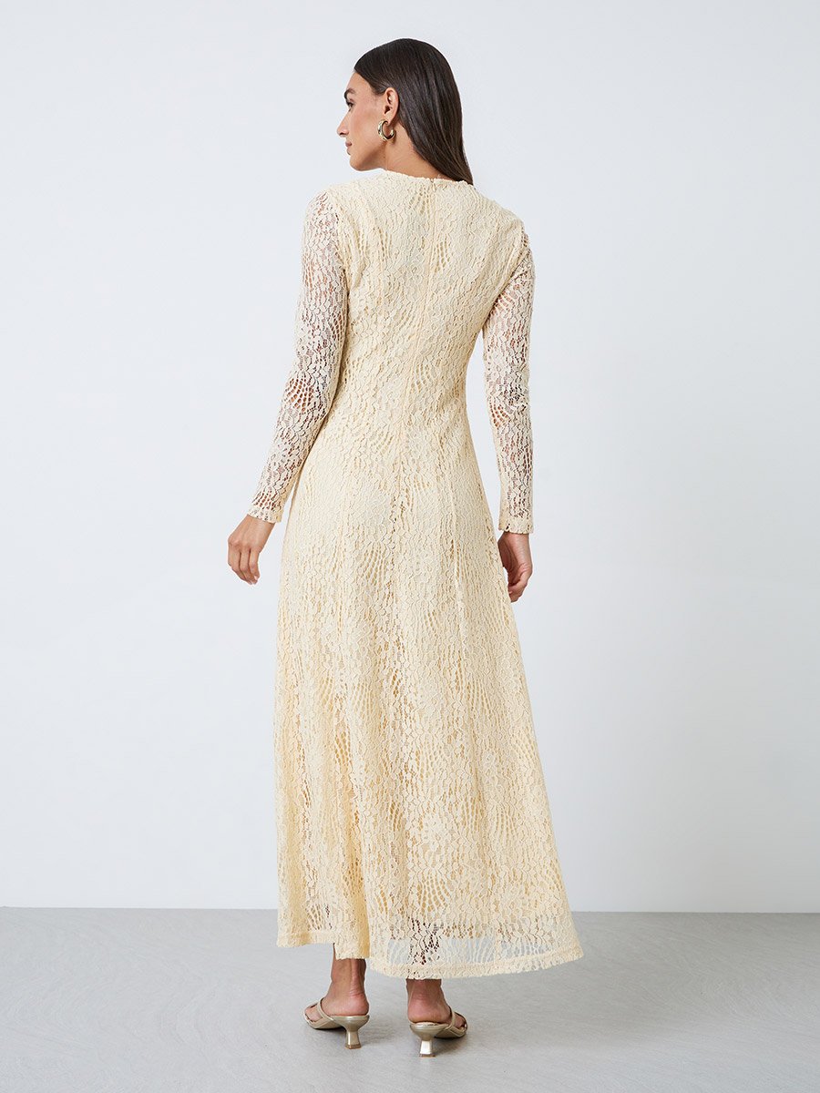 Cream Lace Long Sleeves A-Line Maxi Dress