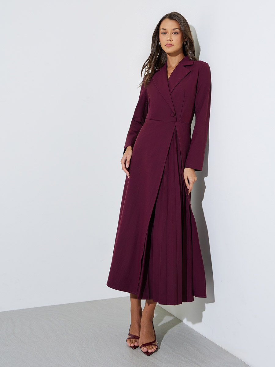 Burgundy Solid Collared Blazer Maxi Dress with Pleated Details