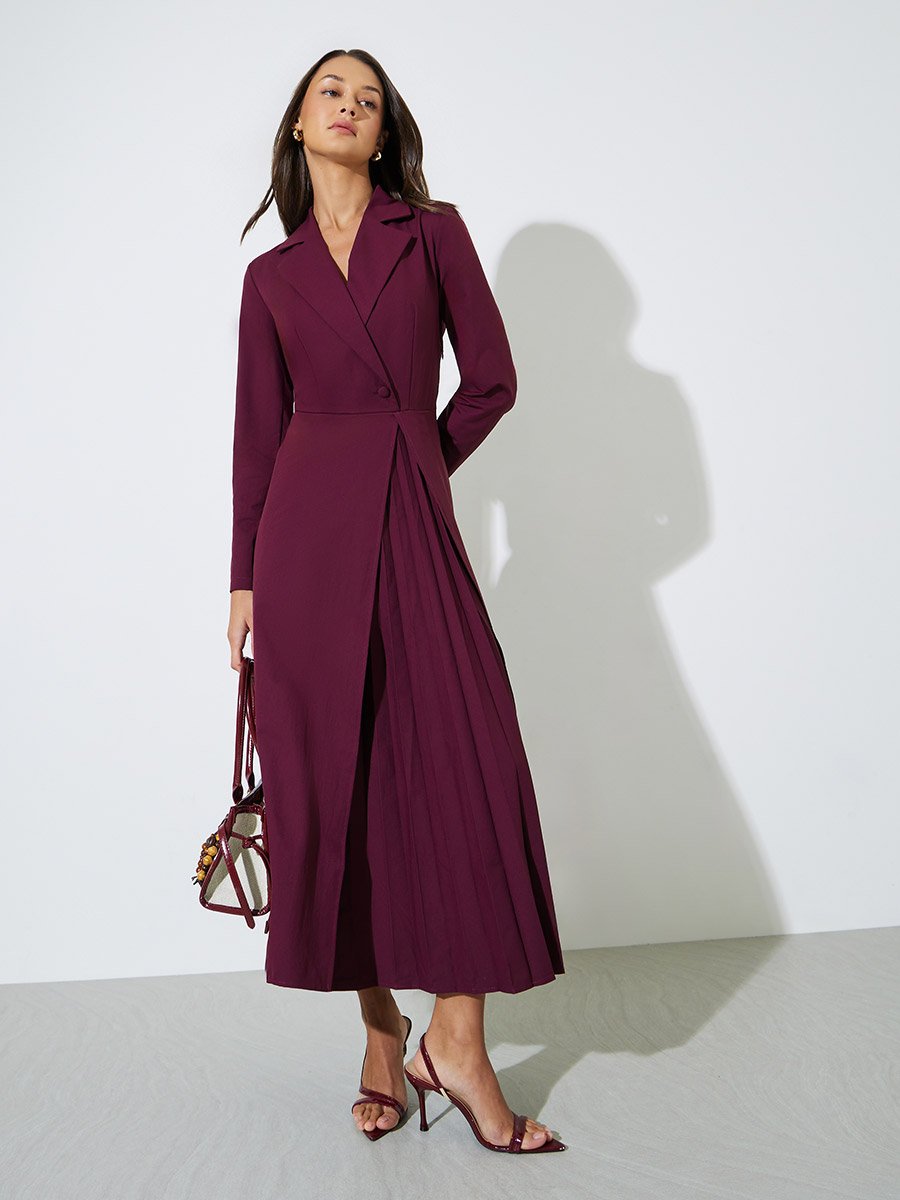Burgundy Solid Collared Blazer Maxi Dress with Pleated Details