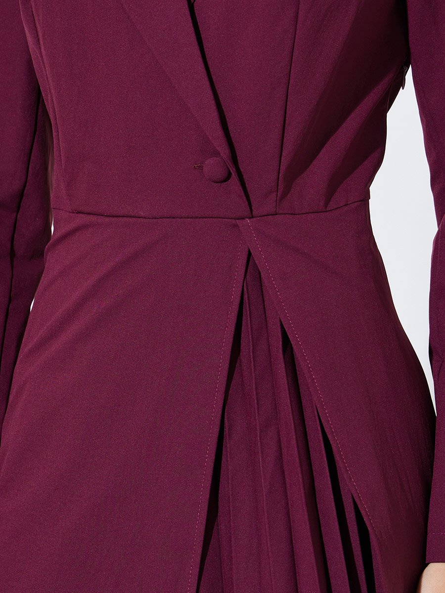 Burgundy Solid Collared Blazer Maxi Dress with Pleated Details