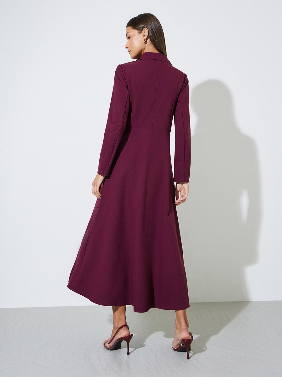 Burgundy Solid Collared Blazer Maxi Dress with Pleated Details