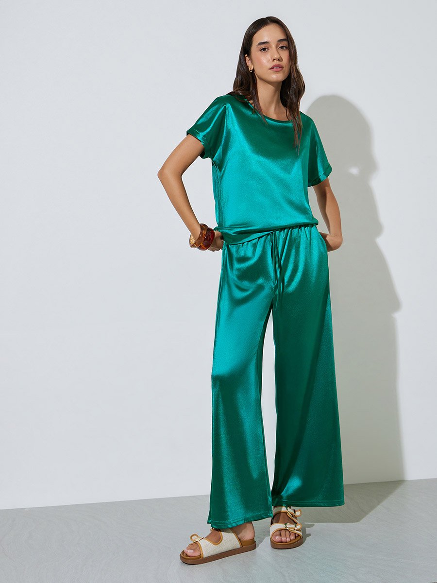 Emerald Green Satin Trousers and Top Co-ord Set