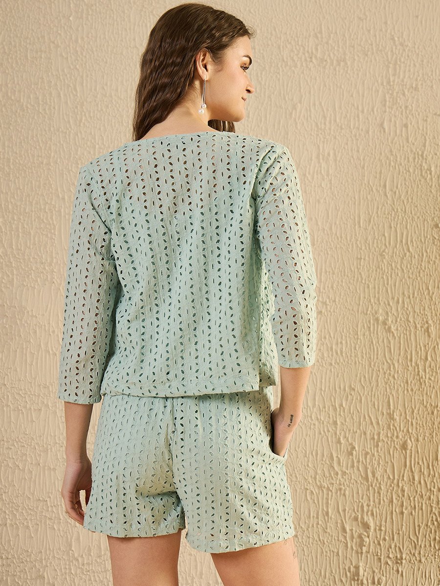 Pack of 3 - Green Eyelet Details Open Front Jacket, Cami and Shorts Set
