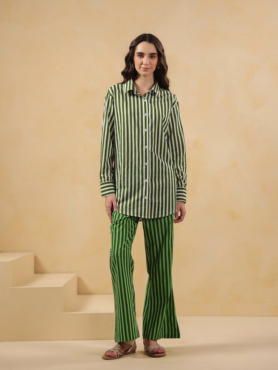 Green Stripe Long Sleeves Shirt and Trousers Co-Ord Set