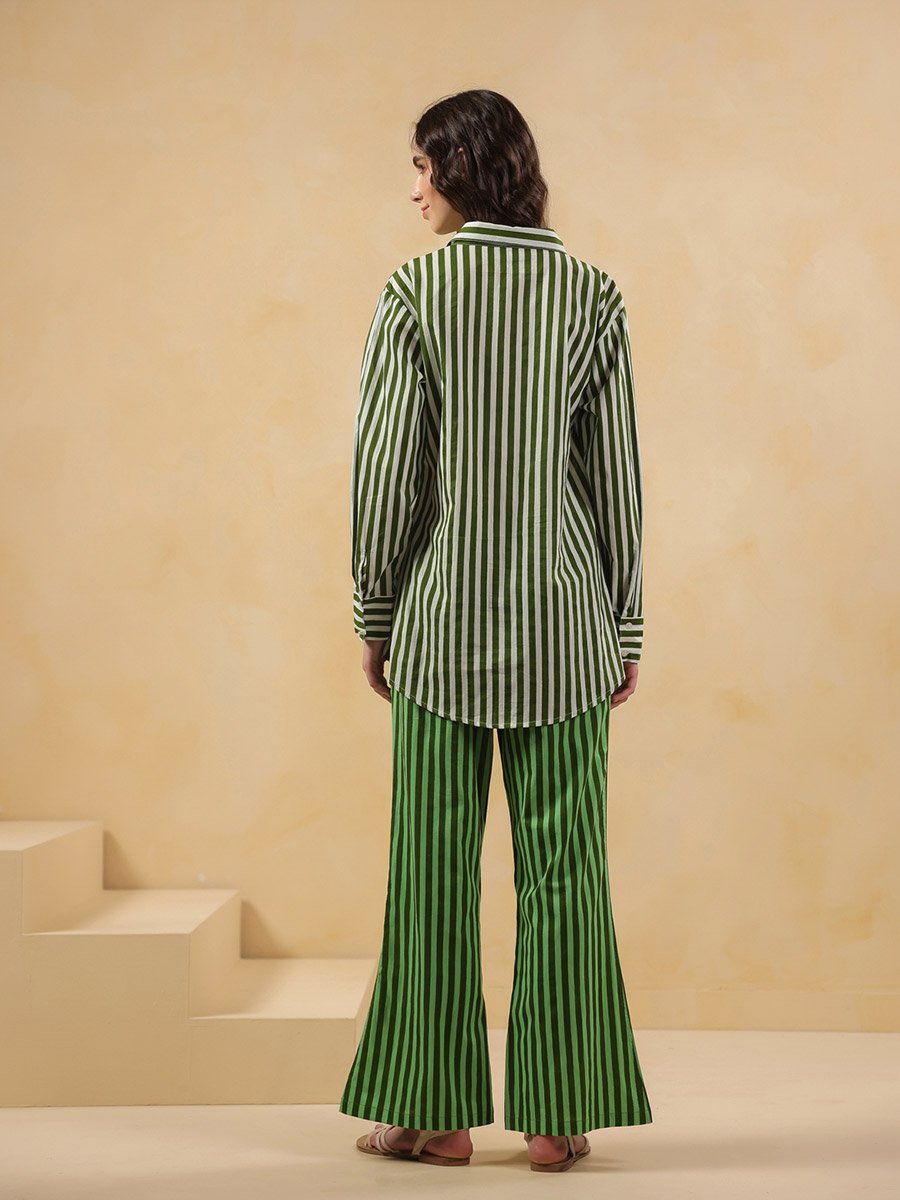 Green Stripe Long Sleeves Shirt and Trousers Co-Ord Set