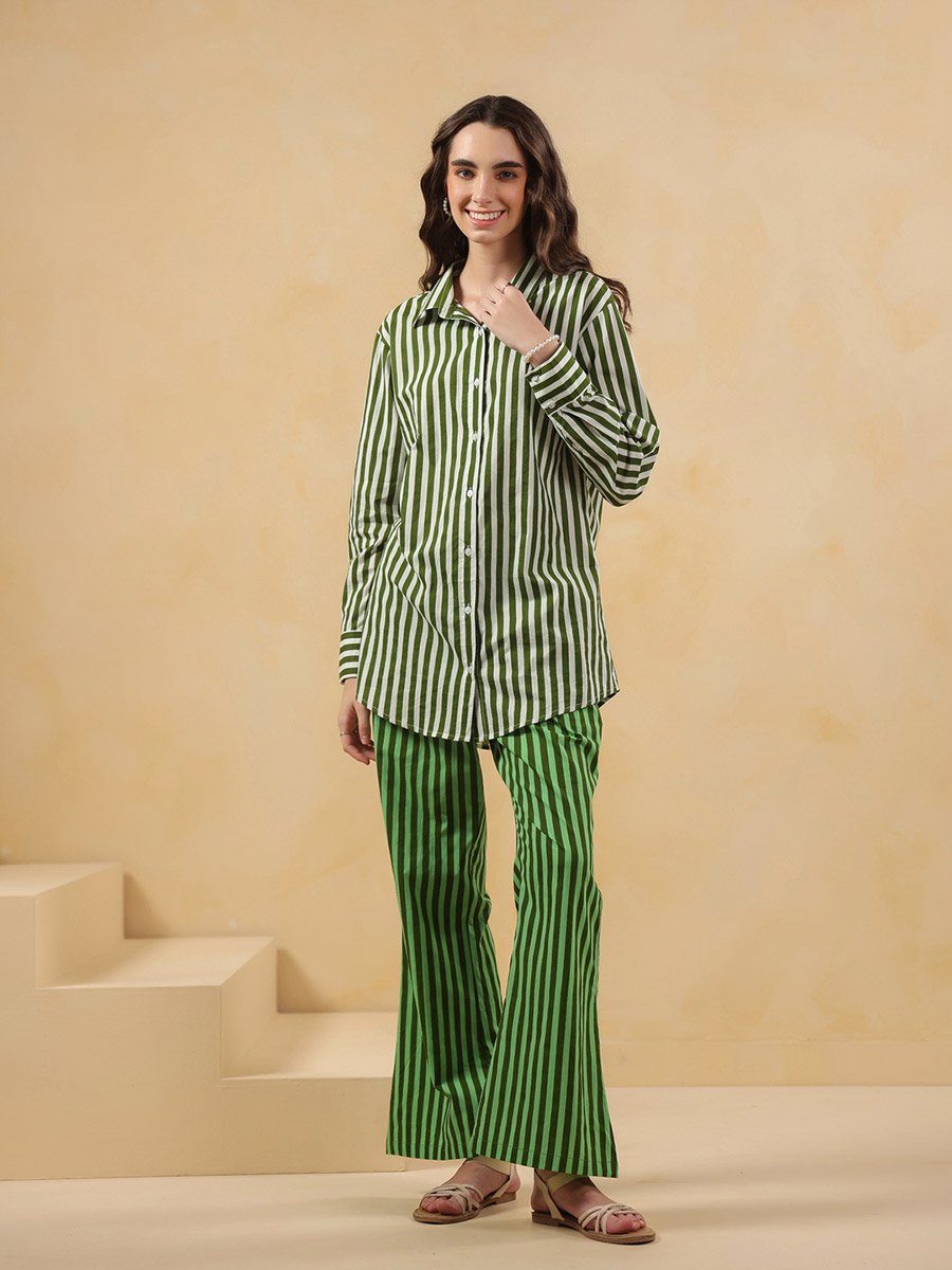 Green Stripe Long Sleeves Shirt and Trousers Co-Ord Set