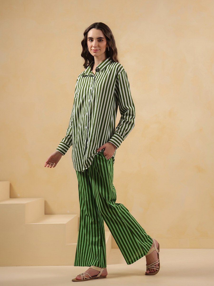 Green Stripe Long Sleeves Shirt and Trousers Co-Ord Set