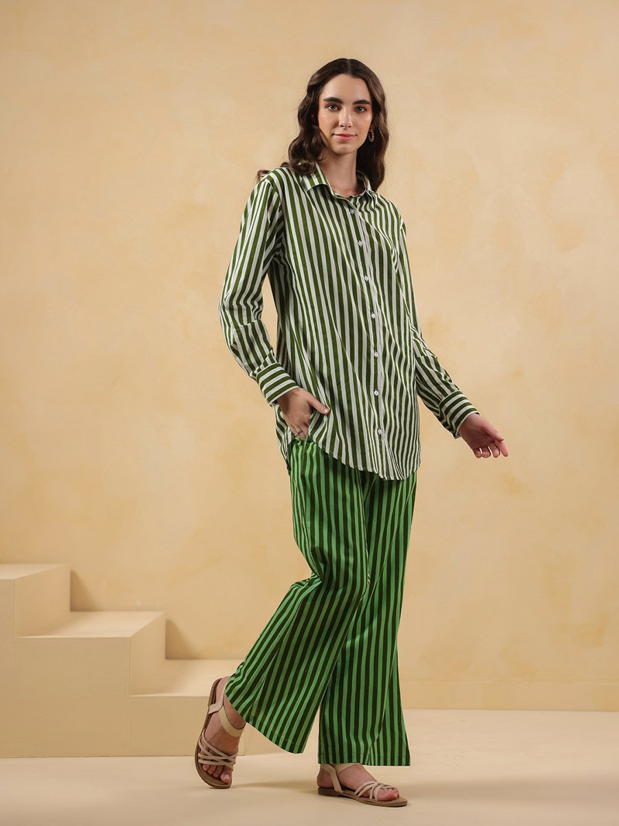 Green Stripe Long Sleeves Shirt and Trousers Co-Ord Set
