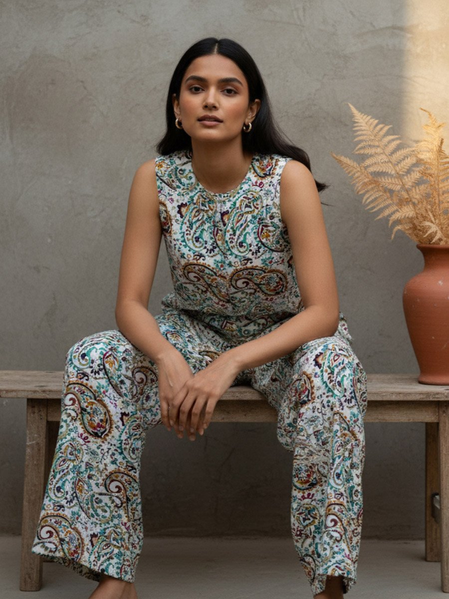 Multi-Color Printed Sleeveless and Wide Leg Trousers Co-Ord Set