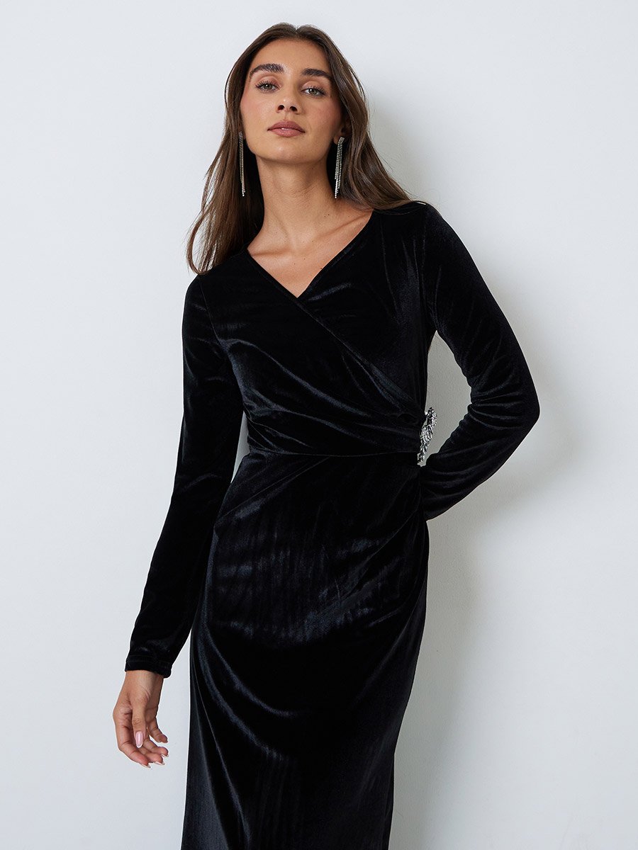 Black Velvet-Look Wrap Maxi Dress with Embellishment