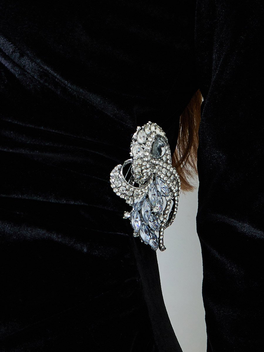 Black Velvet-Look Wrap Maxi Dress with Embellishment