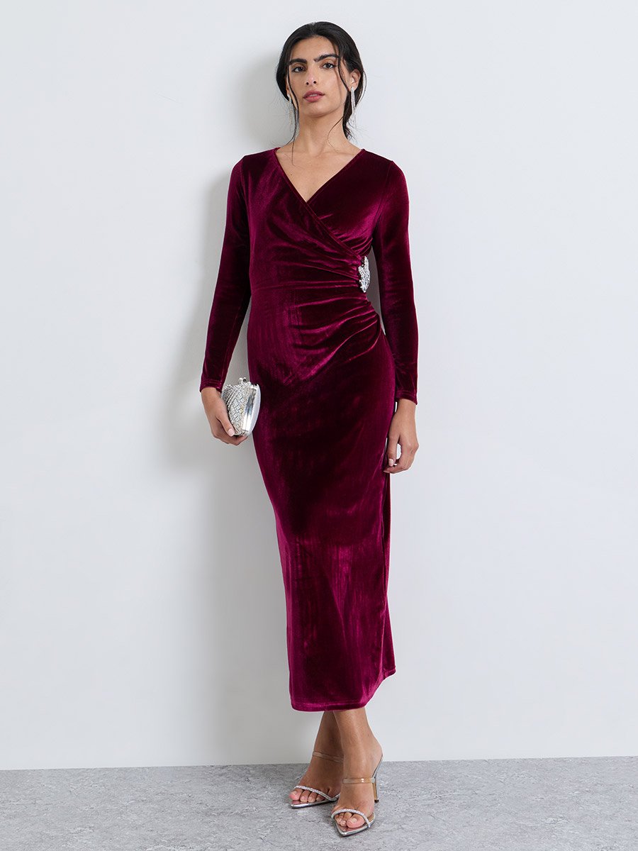 Burgundy Velvet-Look Wrap Maxi Dress with Embellishment