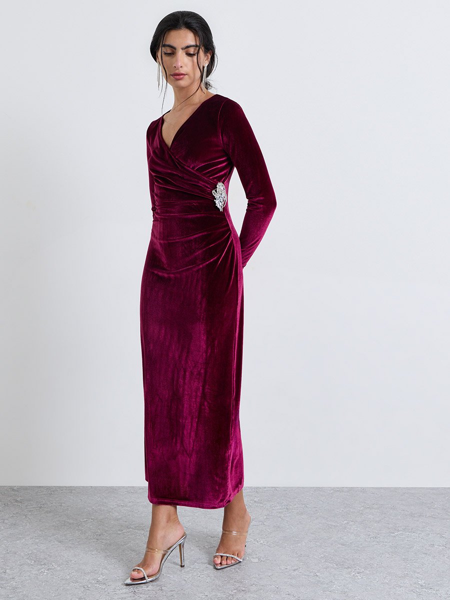 Burgundy Velvet-Look Wrap Maxi Dress with Embellishment