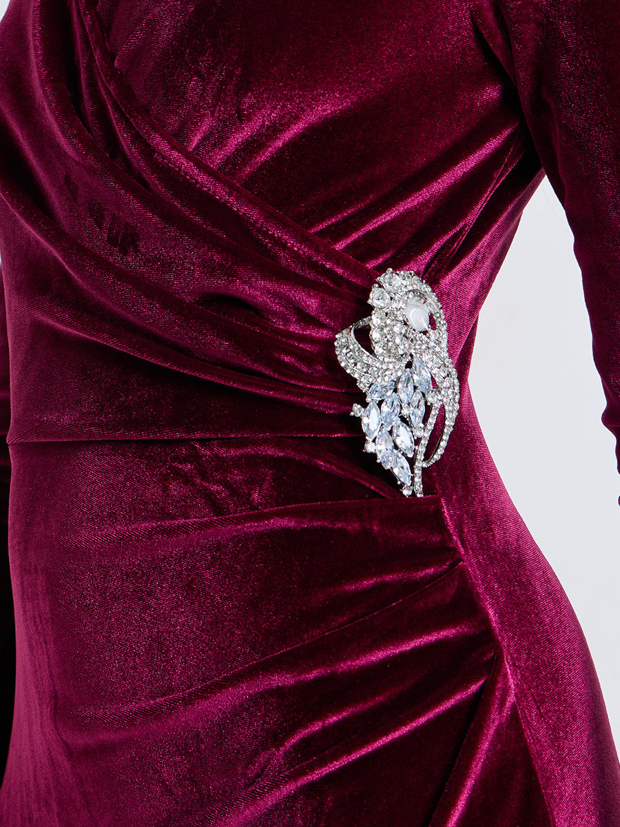 Burgundy Velvet-Look Wrap Maxi Dress with Embellishment