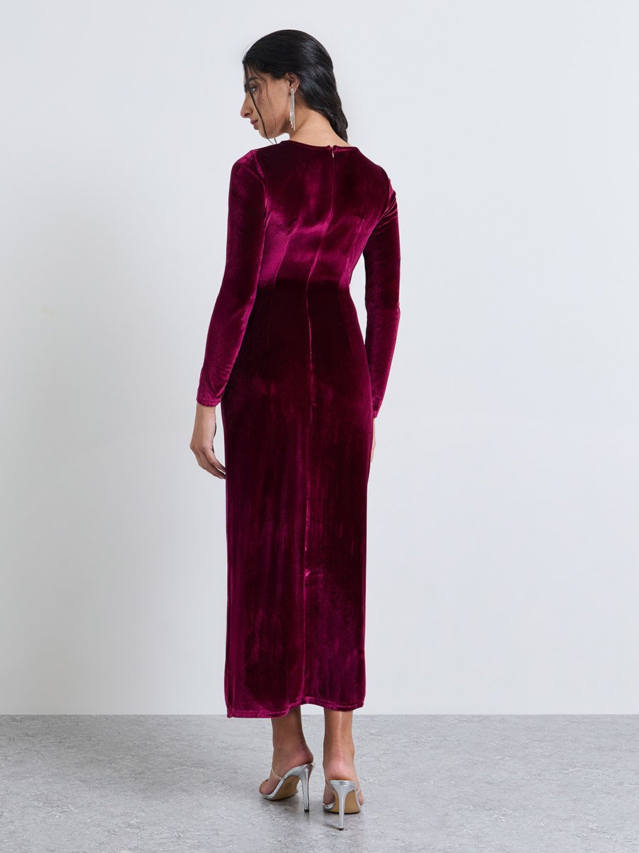 Burgundy Velvet-Look Wrap Maxi Dress with Embellishment