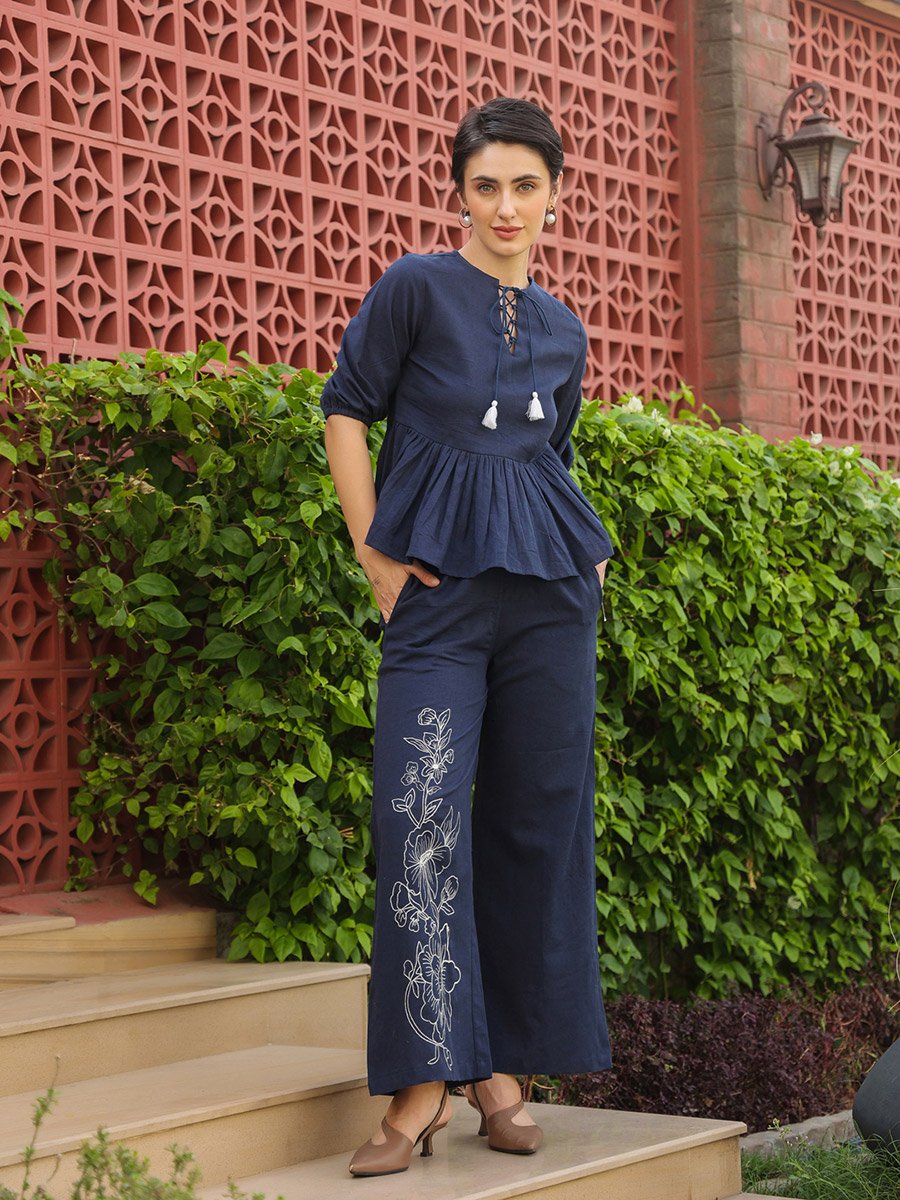 Navy Blue Ruffled Peplum Top and Embroidered Trousers Set