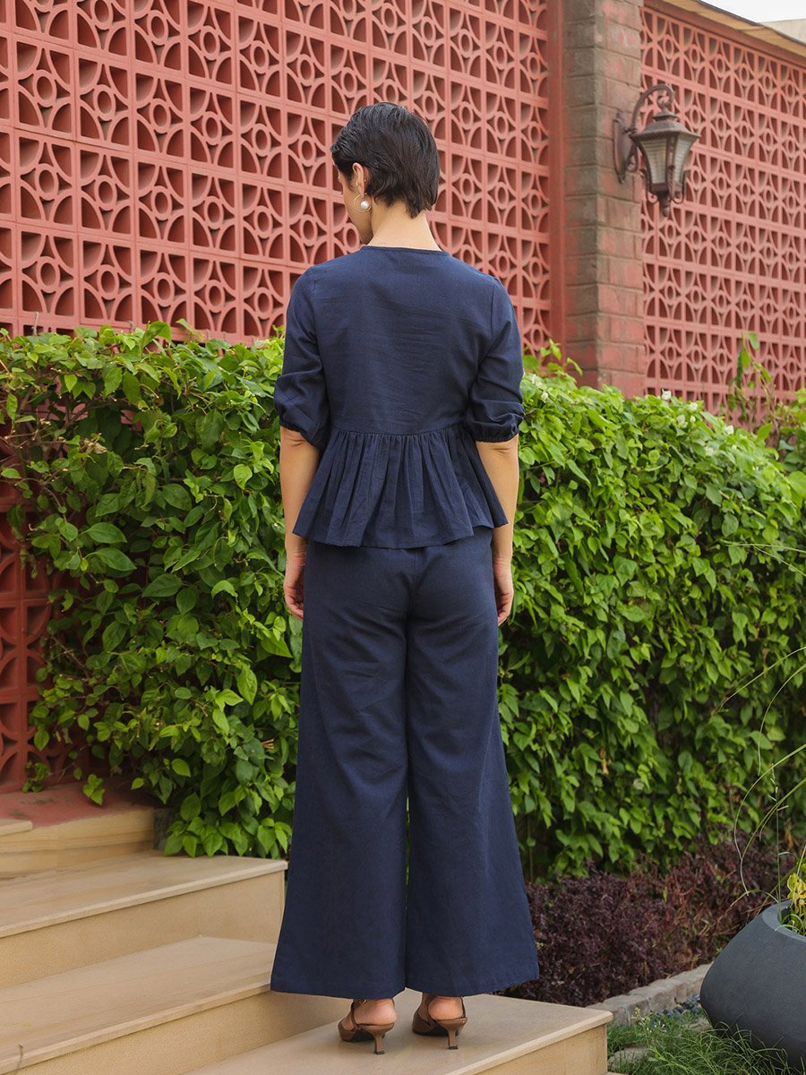 Navy Blue Ruffled Peplum Top and Embroidered Trousers Set