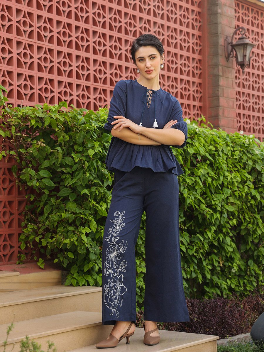 Navy Blue Ruffled Peplum Top and Embroidered Trousers Set