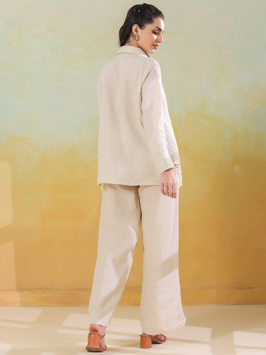 Cream Crochet Details Shirt and Trousers Co-ord Set