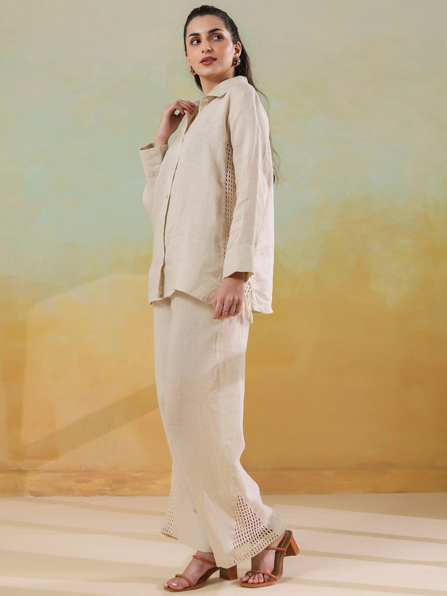 Cream Crochet Details Shirt and Trousers Co-ord Set