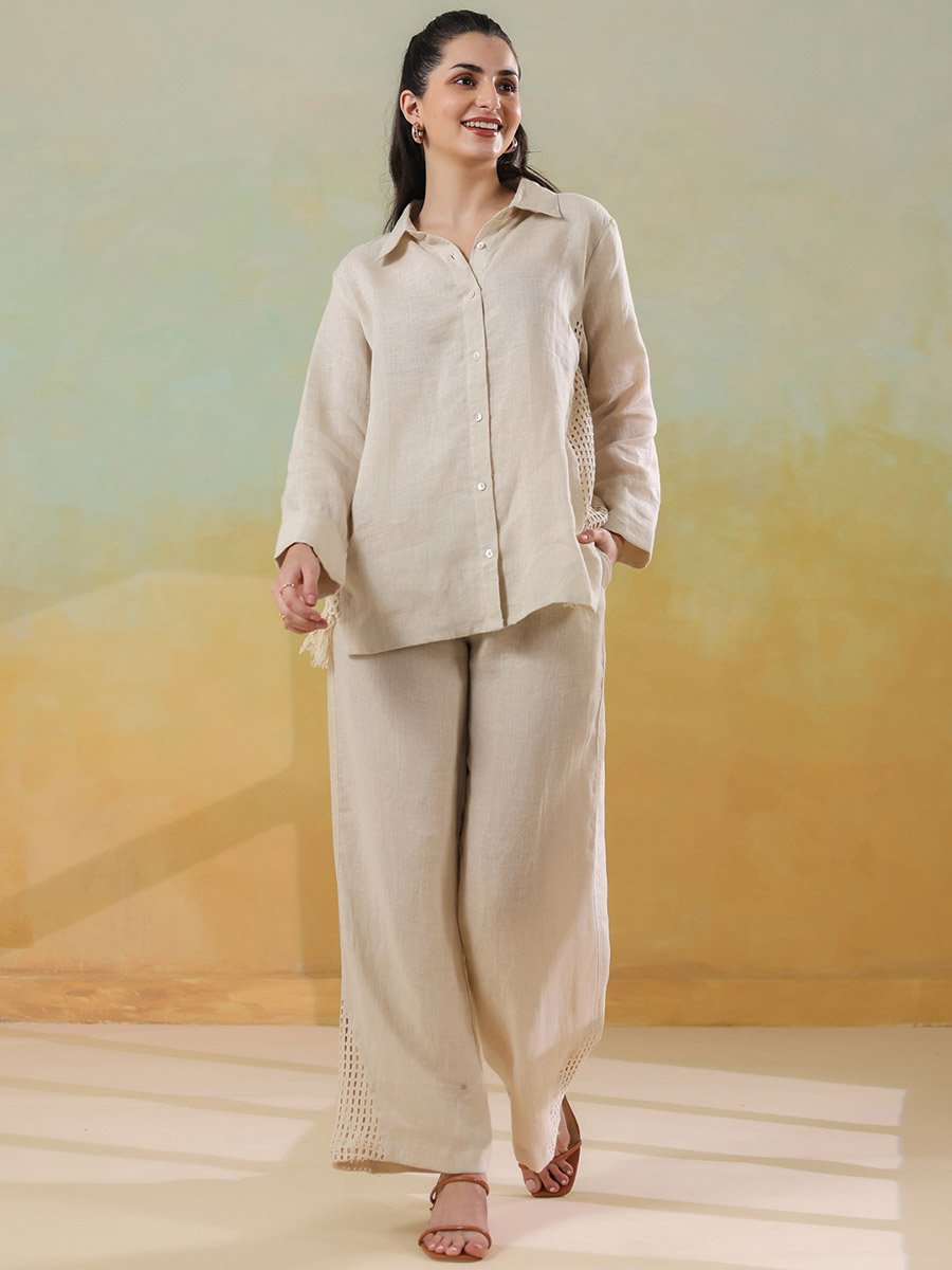 Cream Crochet Details Shirt and Trousers Co-ord Set