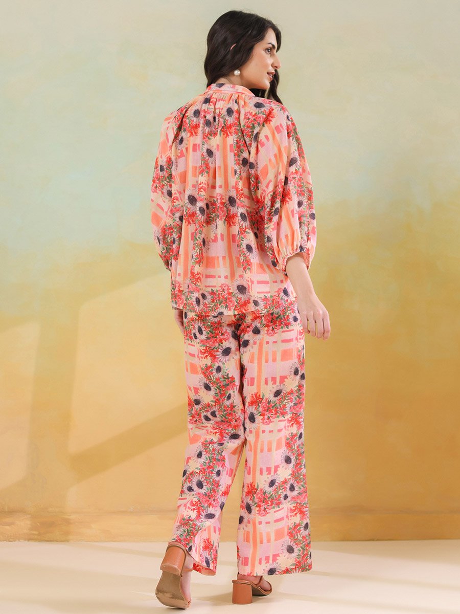 Multi-Color Floral Print Shirt and Trousers Co-ord Set