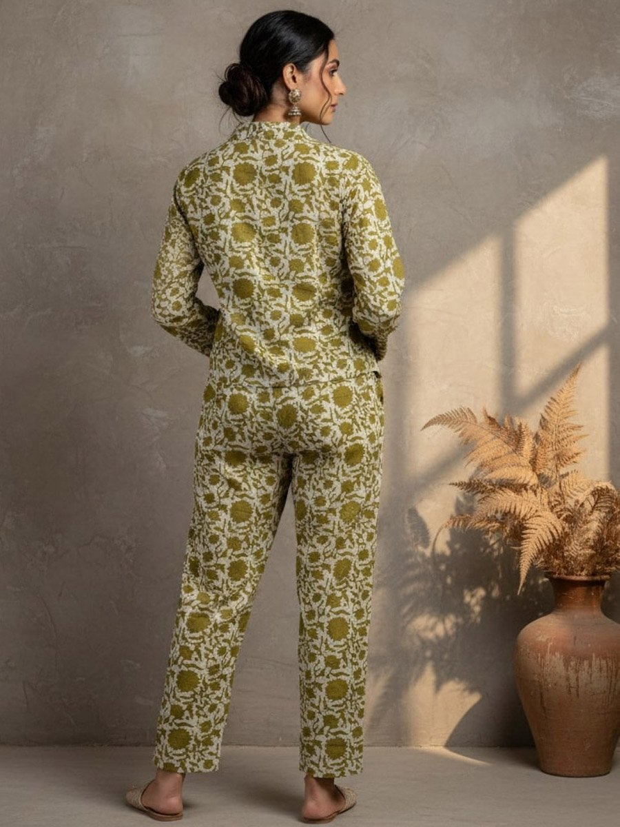 Olive Green Printed Mandarin Collar Co-ord Set