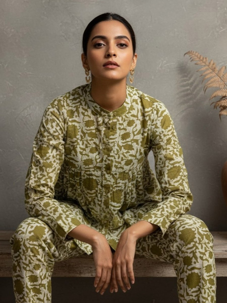 Olive Green Printed Mandarin Collar Co-ord Set