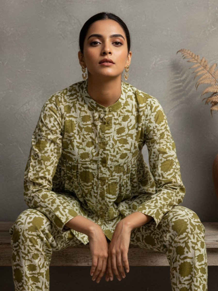 Olive Green Printed Mandarin Collar Co-ord Set