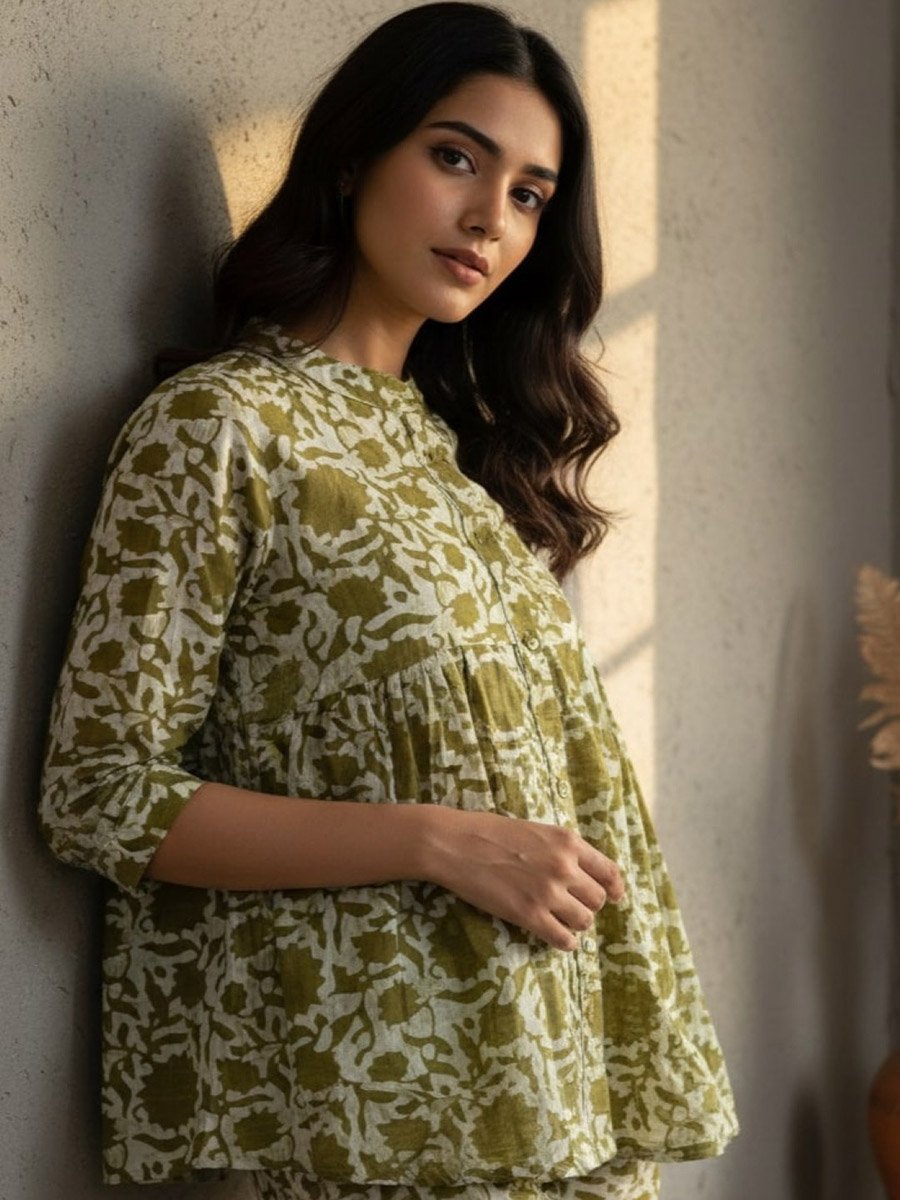 Olive Green Printed Mandarin Collar Co-ord Set