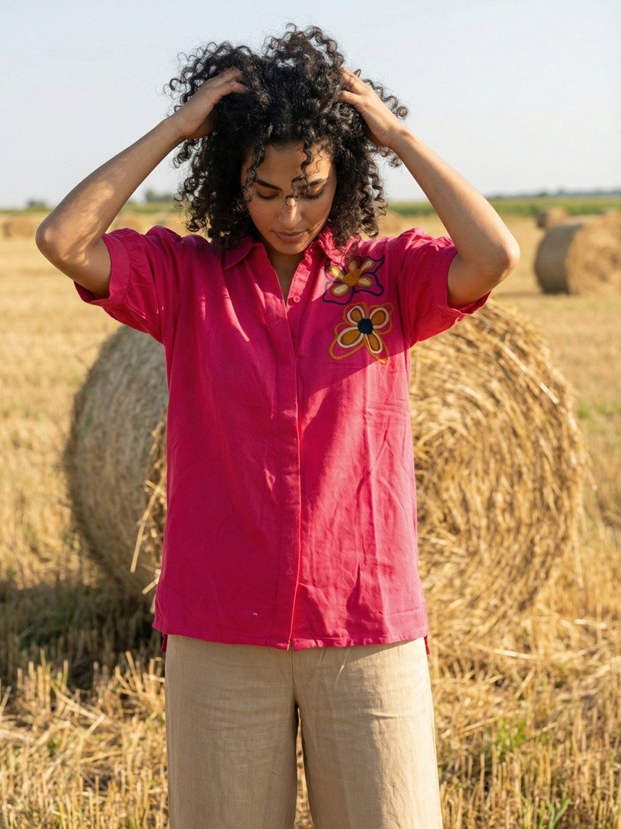 Pink Floral Embroidery Short Sleeves Shirt