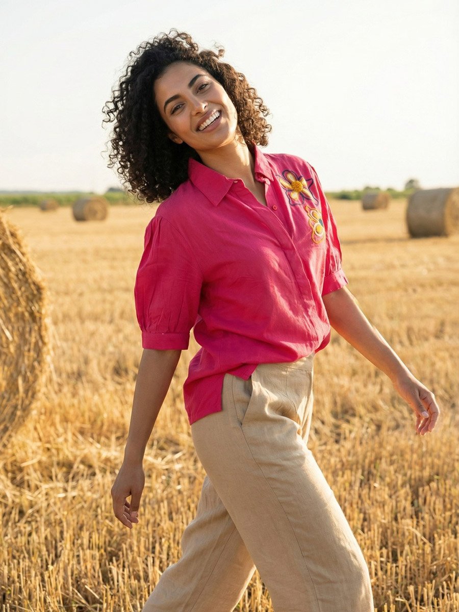 Pink Floral Embroidery Short Sleeves Shirt