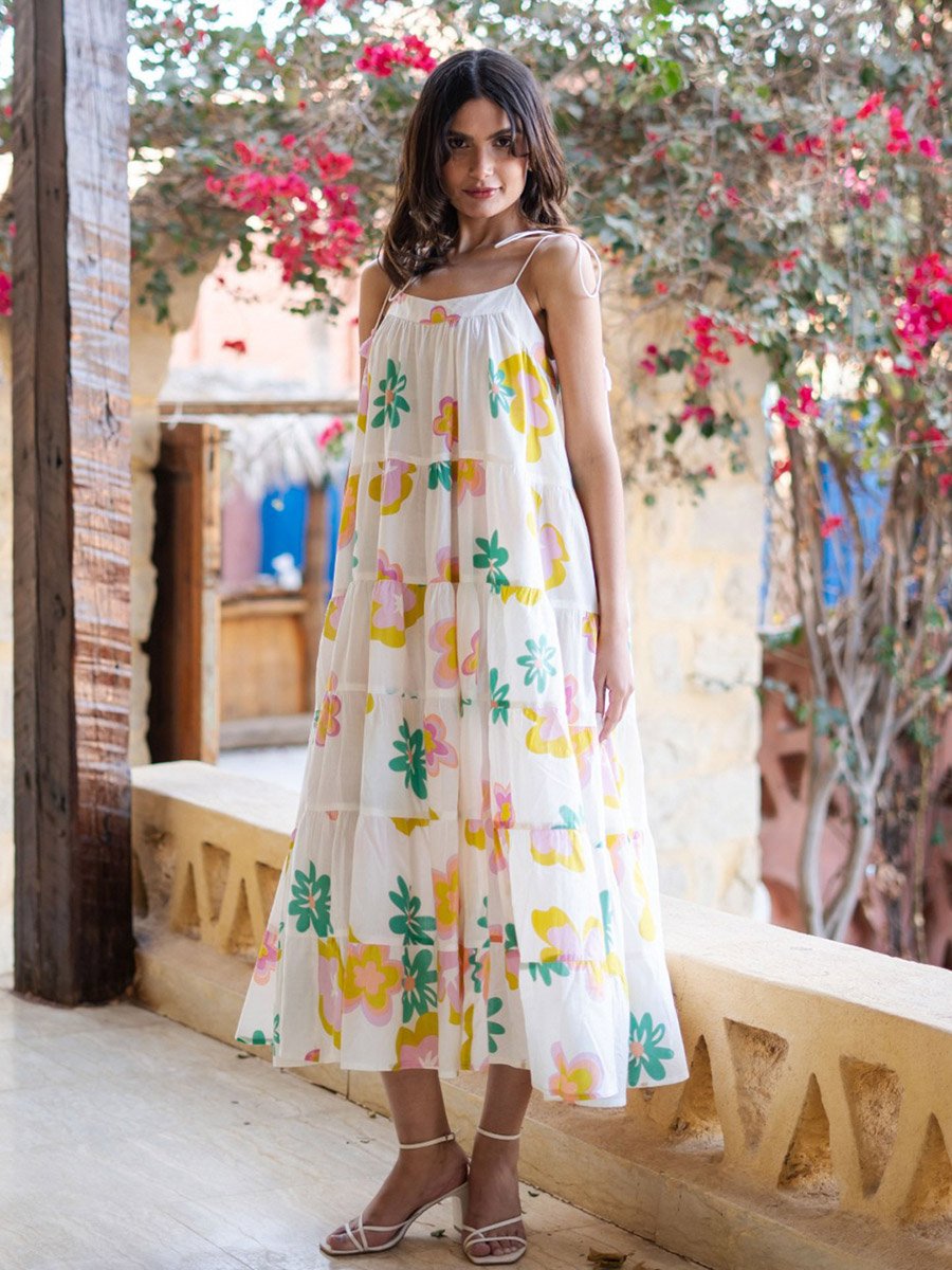 White Floral Print Cotton Tiered Midi Dress